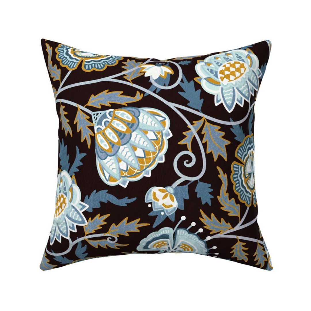 Victorian Throw Pillow Rococo Floral Blue Gold by Tigatiga Etsy