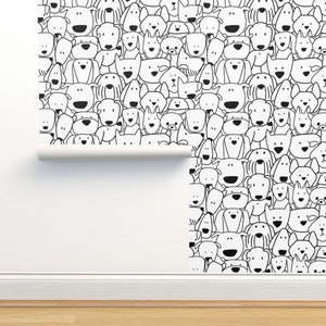 Dog Line Art Commercial Grade Wallpaper - Dog Life by maria_v_campagna - Dog Faces Black White B&w Wallpaper Double Roll by Spoonflower