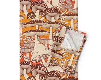 Mushrooms Tea Towels Set of 2 - Toadstools Fungus 70s Style Retro Seventies Autumn Fall Linen Cotton - - Fall Fungi by cjldesigns