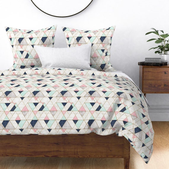 Geometric Duvet Cover Mod Triangles Navy Mint Pink by | Etsy
