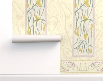 Art Nouveau Lily Commercial Grade Wallpaper - Pastel Nouveau by maycartprintart - Mauve Floral  Wallpaper Double Roll by Spoonflower