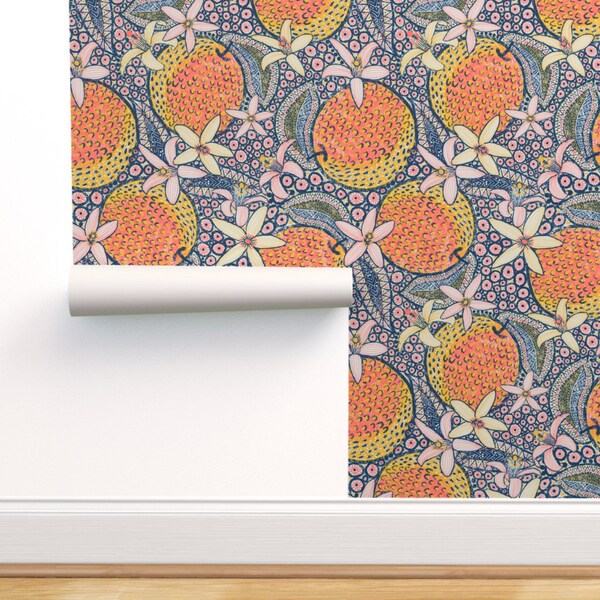 Tropical Fruit Commercial Grade Wallpaper - African Oranges 24 by helenpdesigns - Folk Art Citrus Food Wallpaper Double Roll by Spoonflower