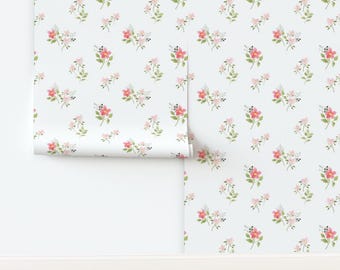 Spring Floral Non-Pasted Wallpaper Cottage Floral Pink Botanical Garden Bloom Meadow - Dainty Pink by mintpeony Wallpaper by Spoonflower
