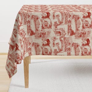 Red Tablecloth - Les Environs De Paris  by peacoquettedesigns -  Paris French Toile Vintage Toile Cotton Sateen Tablecloth by Spoonflower