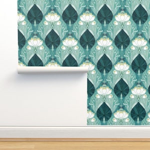 Papier peint Art nouveau non encollé - nénuphar bleu sarcelle par adenaj - papier peint nénuphar art déco bleu sarcelle nénuphar - rouleau double par Spoonflower