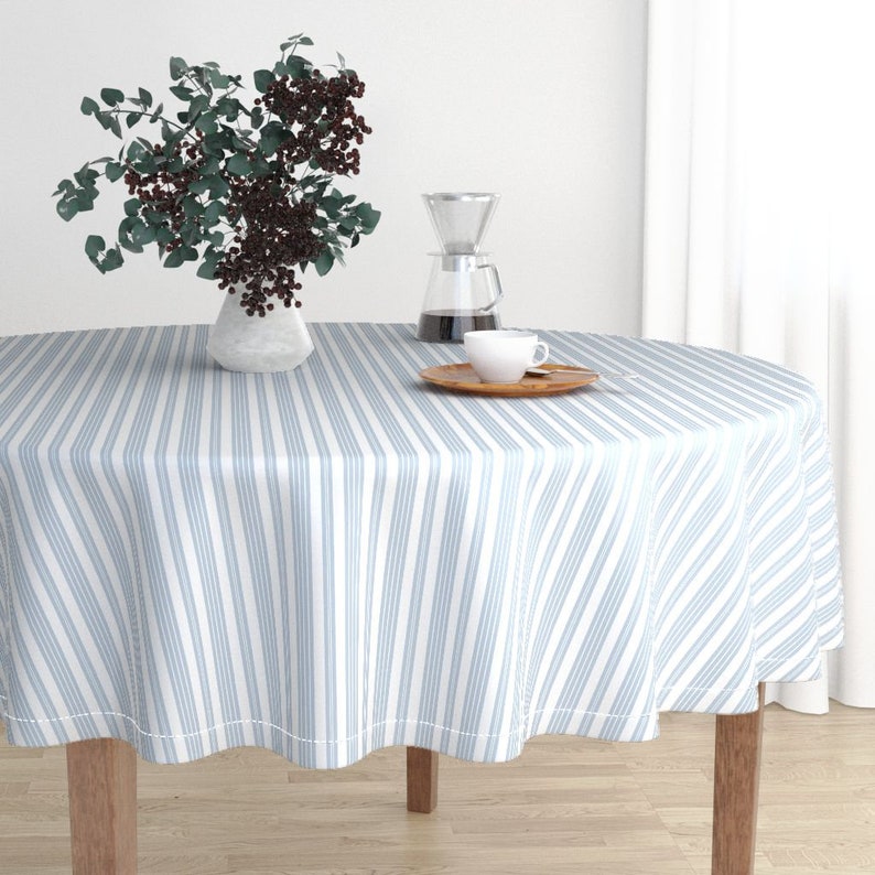 Round Tablecloth French Ticking White And Fog By Peacoquettedesigns Malay Cotton Sateen Roostery Spoonflower Fabric