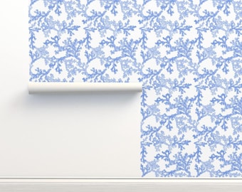 Papel de Parede Sem Cola Coral Azul Oceano Resort de Praia Costeira - Coral Azul por kate_by_rolfescustomdesign Papel de Parede em Rolo Duplo da Spoonflower