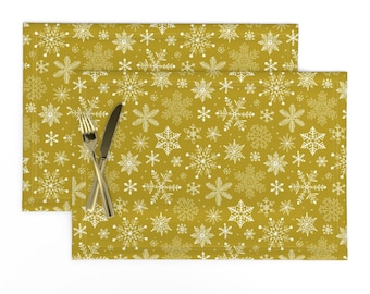 Christmas Placemats (Set of 2) - Gold Snowflakes by caja_design - Snowflakes Winter Wonderland Snow Snowfall Cloth Placemats by Spoonflower