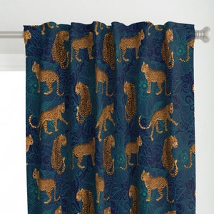 Leopard Print Curtain Panel - Leopard Jungle Midnight  by hnldesigns - Blue And Teal Exotic Animal Custom Curtain Panel by Spoonflower