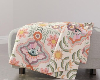 Boho Throw Blanket - Floral Retro Teen Girly Tween Folk Flowers Bohemian Feminine Kids Sun Throw Blanket - Floral Eyes by misentangledvision