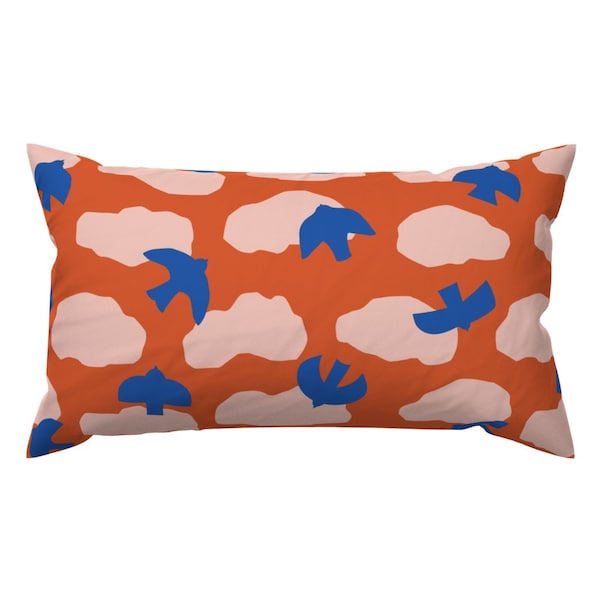 Scandi Birds Accent Pillow - Soaring Brights by beshkakueser - Flying Birds Blue Rust Whimsical Rectangle Lumbar Throw Pillow by Spoonflower