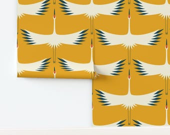 Mid Century Gold Non-Pasted Wallpaper Mustard Yellow Retro Traditional Abstract - Whooping Cranes by katerhees Wallpaper by Spoonflower