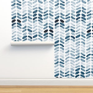Blue Herringbone Non-Pasted Wallpaper - Herringbone Ombre by laurapol - Watercolor Navy Blue Chevron Wallpaper Double Roll by Spoonflower