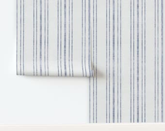 Blue French Ticking Non-Pasted Wallpaper Farmhouse French Cottage - Aegean Ticking Stripe by holli_zollinger Wallpaper by Spoonflower