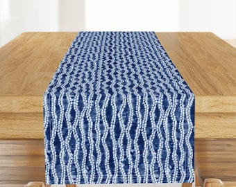 Indigo Shibori Table Runner - Blue And White Blue Waves Modern Beach Home Tie Dye Boho Cotton Sateen Table Runner - Shibori by jillbyers