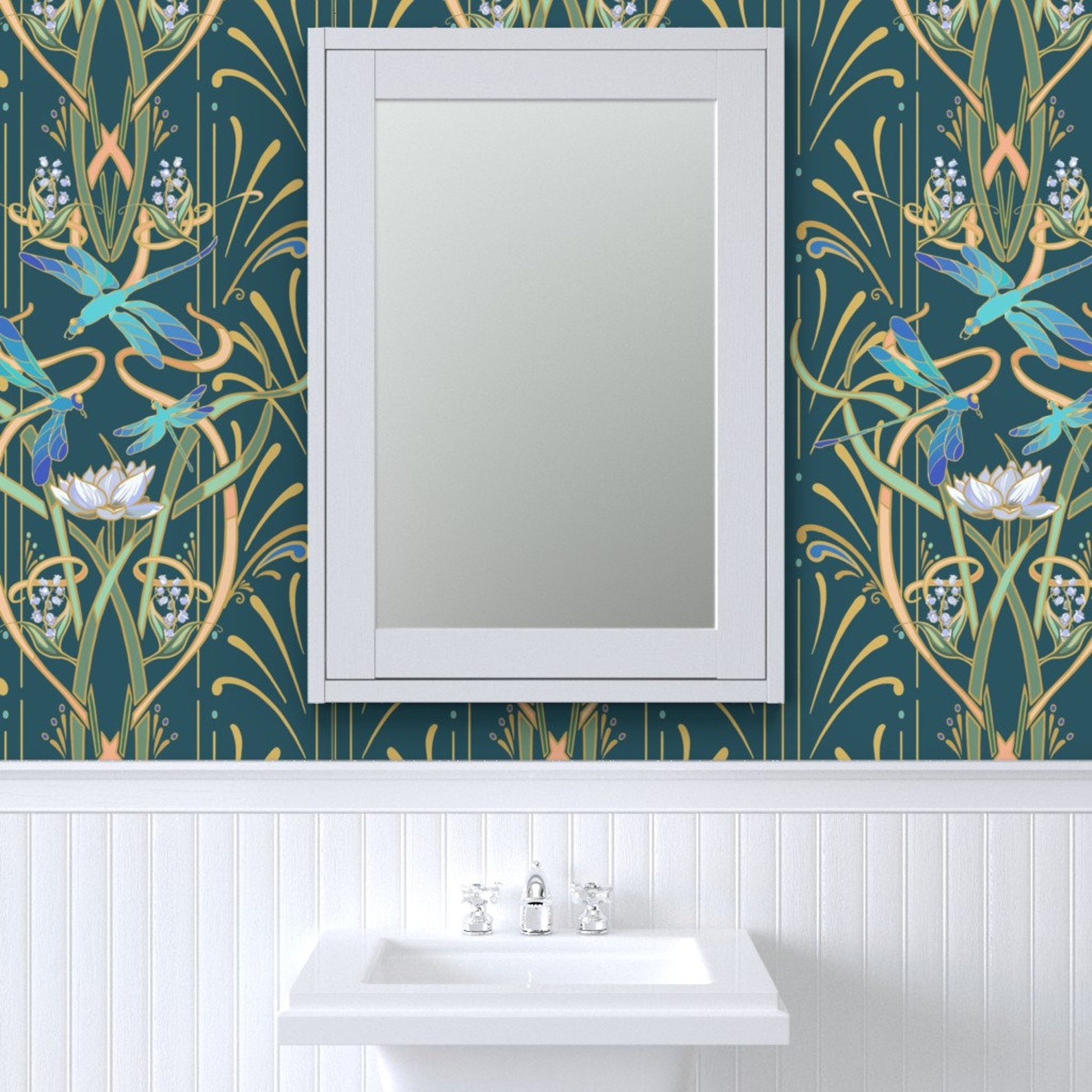 Teal Art Nouveau Wallpaper Teal Dragonflies by Southwind Etsy