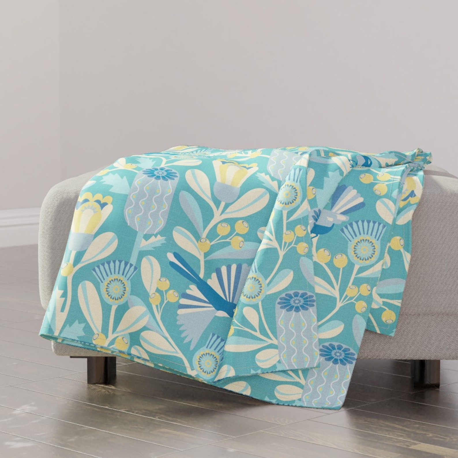 Aqua Throw Blanket Willy Wagtail Garden by Kylielouise Etsy