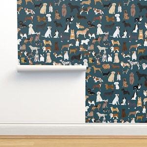 Dog Breeds Non-Pasted Wallpaper - Dogs On Navy by petfriendly - Watercolor Large Scale Rescue Dogs Wallpaper Double Roll by Spoonflower