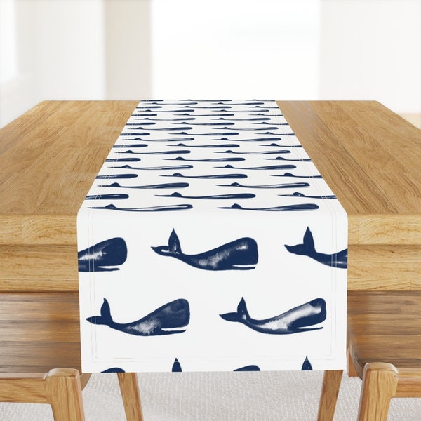 Whales Table Runner - Moby And Friends by jillbyers - Preppy Navy Indigo Sea Watercolor Ocean Cotton Sateen Table Runner by Spoonflower