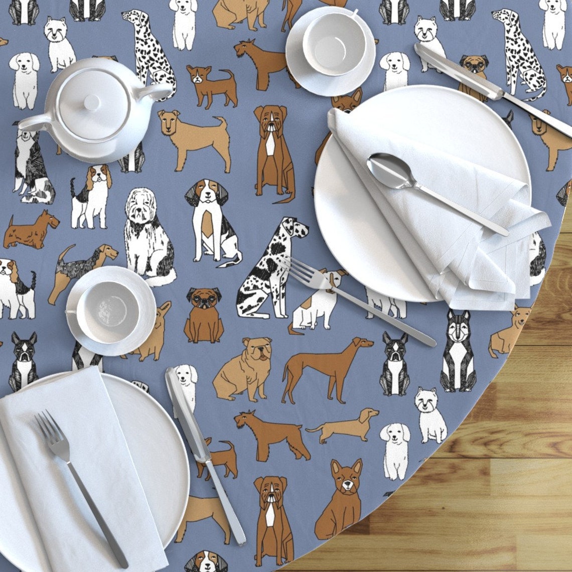 Dogs Round Tablecloth Happy Dogs Stonewash Blue by Etsy