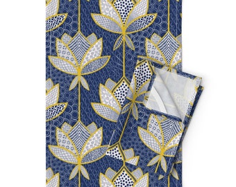 Lotus Tea Towels (Set of 2) - Japanese Lotus by nina_leth - Patchwork Blue White Yellow Asian Mindful Linen Cotton Tea Towels by Spoonflower