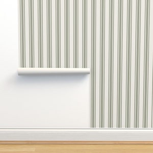 Grain Sack Stripe Non-Pasted Wallpaper - Green On Cream Stripe by misstiina - Earth Tone French Country Wallpaper Double Roll by Spoonflower