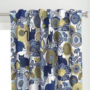 Cat Curtain Panel - Vintage Floral Vintage Gold Cat Cats Navy Blue Blue Cats Custom Curtain Panel - Garden Cats by patricia_lima -