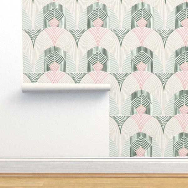 Art Deco Non-Pasted Wallpaper Geometric Mint Sage Green Pink  - Neutral Boho Deco by smokeinthewoods Wallpaper Double Roll by Spoonflower