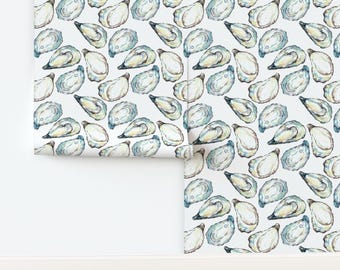 Coastal Watercolor Non-Pasted Wallpaper Oyster Shells Large Scale - Oyster White by goodfairyart Wallpaper Double Roll by Spoonflower