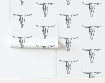 Cow Non-Pasted Wallpaper Skull Bull Black And White Western Cowboy Rustic - Cow Skull  by averielaneboutique Wallpaper by Spoonflower