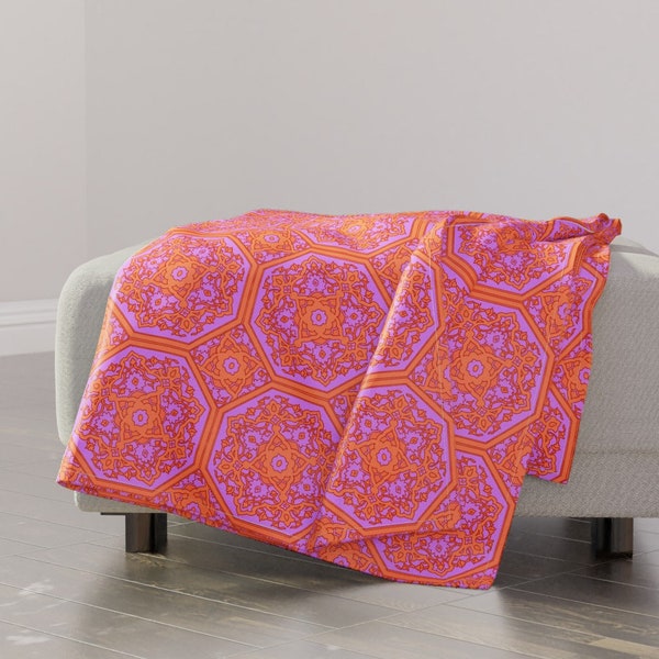 Maximalist Throw Blanket - Lavender And Acid Orange by peacoquettedesigns - Bright Orange Psychedelic Throw Blanket with Spoonflower Fabric