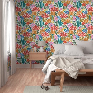 Psychedelic Floral Non-Pasted Wallpaper Retro 1960s Pink Botanical - Maximalism Folk by jenflorentine Wallpaper Double Roll by Spoonflower image 6