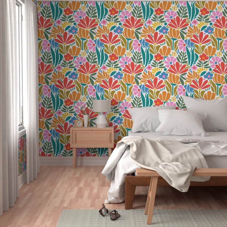 Psychedelic Floral Non-Pasted Wallpaper Retro 1960s Pink Botanical - Maximalism Folk by jenflorentine Wallpaper Double Roll by Spoonflower image 6