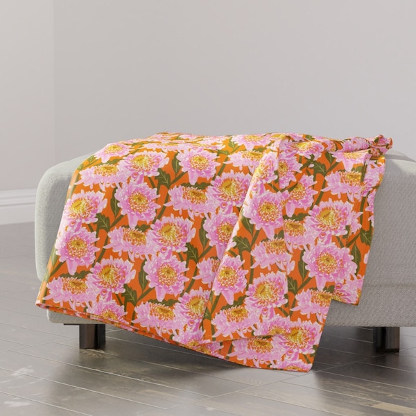 Colorful Flowers Throw Blanket - Flowers Orange by isabellamaree - Bold Floral Pink Dahlia Bright Throw Blanket with Spoonflower Fabric