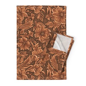 Western Floral Tea Towels (Set of 2) - Honey Brown Scroll by stacystudios - Rustic Country Historical Linen Cotton Tea Towels by Spoonflower
