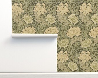 Floral Antique Non-Pasted Wallpaper Victorian Romantic - Morris Chrysanthemum  by peacoquettedesigns Wallpaper Double Roll by Spoonflower