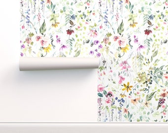 Spring Florals Commercial Grade Wallpaper - Eame's Wildflower Meadow by hipkiddesigns - Wildflower Wallpaper Double Roll by Spoonflower