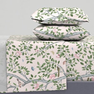 Pink Chinoiserie Sheets - Climbing Citrus Grove by danika_herrick - Vintage Floral Cotton Sateen Sheet Set Bedding by Spoonflower