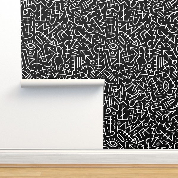 Black And White Commercial Grade Wallpaper - Free Doodle by k|sue - Graffiti Abstract Bold Graphic Wallpaper Double Roll by Spoonflower