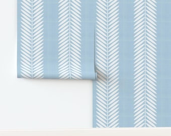 Leaf Stripe Non-Pasted Wallpaper Large Scale Leaves Blue Chevron Faux Texture - Laurel Leaf Vine by danika_herrick Wallpaper by Spoonflower
