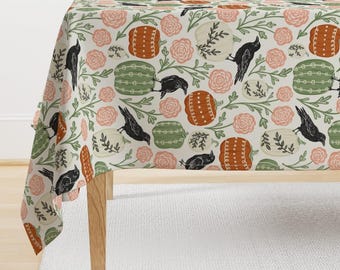 Cute Halloween Tablecloth - Country Crows by sarahdcreates - Pastel Floral Pumpkin Orange Cotton Sateen Tablecloth by Spoonflower