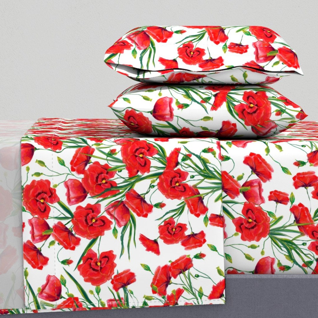 Vintage Floral Sheets Watercolor Red Poppy Flowers by Nina_savinova Botanical Watercolor Cotton