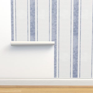 Faded Blue Stripe Non-Pasted Wallpaper Ticking Stripe Distressed - Ticking Stripe by holli_zollinger Wallpaper Double Roll by Spoonflower