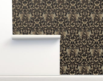 Elegant Old Damask Non-Pasted Wallpaper Arts And Crafts Botanical - Owl In The Oak by fernlesliestudio Wallpaper Double Roll by Spoonflower