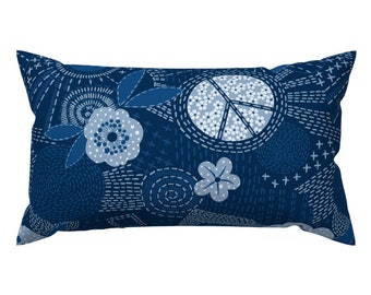 Denim Blue Accent Pillow - Blue Jeans Sashiko by dessineo - Sashiki Stitches Peace Sign Rectangle Lumbar Throw Pillow by Spoonflower