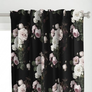 May include: Black curtains with a floral pattern featuring pink and white roses. The floral pattern is repeated throughout the fabric.