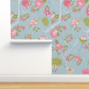 Blue Preppy Floral Non-Pasted Wallpaper - Peony Branch Blue by danika_herrick - Blue Pink Green Wallpaper Double Roll by Spoonflower
