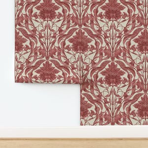 Ruby Red Floral Non-Pasted Wallpaper Block Print Traditional Folk Art Damask - Block Print by smokeinthewoods Wallpaper by Spoonflower