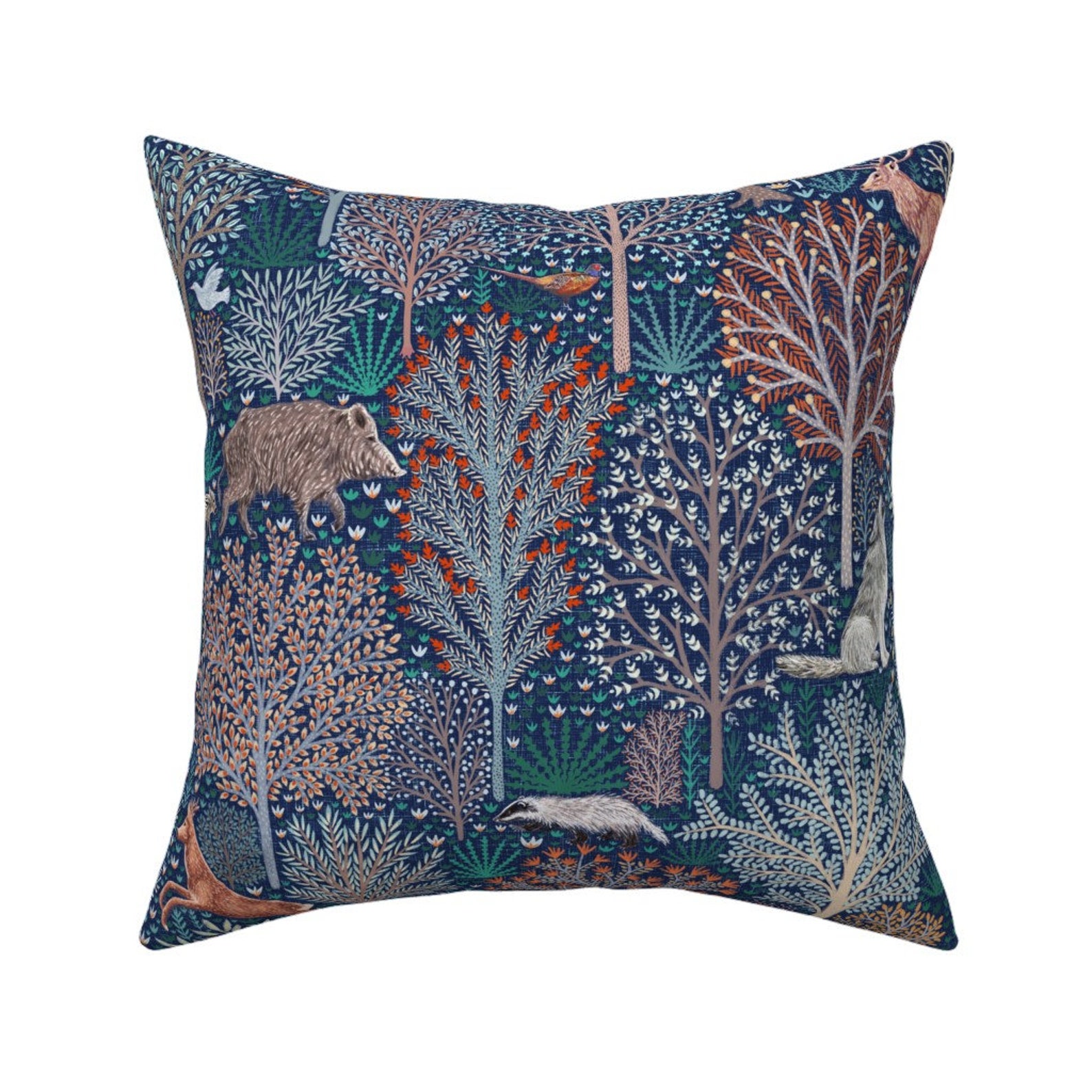 Woodland Throw Pillow Forest Animals on Blue Background by Etsy