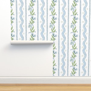 Traditional Non-Pasted Wallpaper - Blue Green Emma Stripe by danika_herrick - Cottagecore Stripe Floral Wallpaper Double Roll by Spoonflower